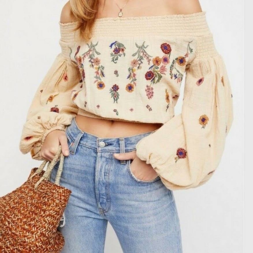 Free People Saachi Floral Embroidered Off Shoulder Blouse